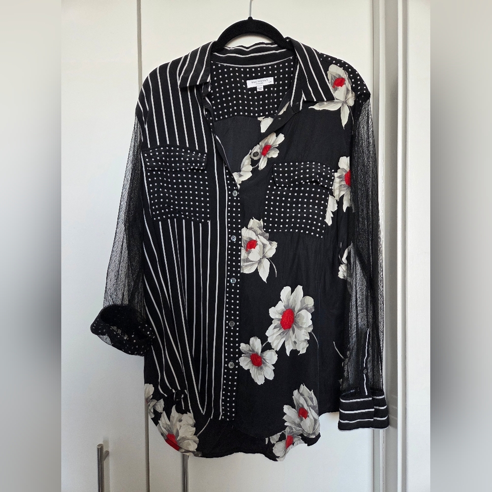 Equipment Black and White Silk Polka Dot Blouse